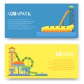 Aquapark attraction slide or waterpark with different water slides, hills tubes and pools vector illustration. Blue and