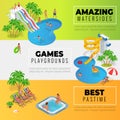 Aquapark horizontal web banners with different water slides, family water park, hills tubes and pools isometric vector