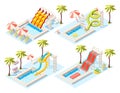 Aquapark isometric concept set with entertainment sunbathing and swimming symbols vector