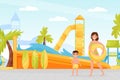 Aquapark with Mom and Son Enjoying Amusement Water Attraction and Slides Vector Illustration Royalty Free Stock Photo