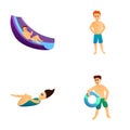 Aquapark recreation icons set cartoon vector. People during summer holiday Royalty Free Stock Photo