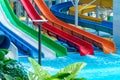 Shekvetili, Georgia - 29.05.2019: Aquapark sliders with pool in hotel Paragraph. Georgia