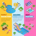 Aquapark vertical web banners with different water slides, family water park, hills tubes and pools isometric vector Royalty Free Stock Photo