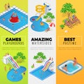 Aquapark vertical web banners with different water slides, family water park, hills tubes and pools isometric vector Royalty Free Stock Photo