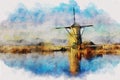 Traditional Dutch windmill with its house watercolor Royalty Free Stock Photo