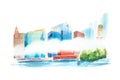Aquarelle cityscape with houses and buildings watercolor illustration.