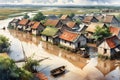 Aquarelle Deluge: Aerial View Watercolor of a Small Village Partially Submerged in Floodwater, Rooftops Peeking Through