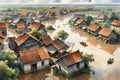 Aquarelle Deluge: Aerial View Watercolor of a Small Village Partially Submerged in Floodwater, Rooftops Peeking Through