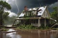 Aquarelle Deluge: Aerial View Watercolor of a Small Village Partially Submerged in Floodwater, Rooftops Peeking Through