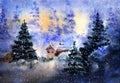 Aquarelle drawing of winter country landscape
