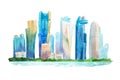 Aquarelle drawings cityscape skyline downtown watercolor illustration.