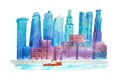 Aquarelle drawings cityscape skyline downtown watercolor illustration.