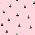 Aquarelle hand drawn seamless pattern made of green christmas trees on pink background. Web Royalty Free Stock Photo