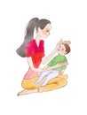 Aquarelle hand-painted drawing of young mother sitting on floor holding her baby son stroking his head