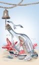 Aquarelle illustration A Bottle with a Message inside on The Seashore. Greeting Card with Starfish and Coral