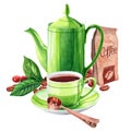 Aquarelle illustration of a coffee cup. roasted cofee package and red coffee beans whith leaves Royalty Free Stock Photo