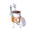 Aquarelle illustration of French lavender coffee. Lavender invigorating drink theme