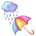 Aquarelle illustration with umbrella and raindrops. Royalty Free Stock Photo