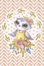 Aquarelle owl, flower frame, zigzag background