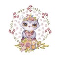 Aquarelle owl, flower wreath, fairytale character