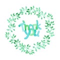 Aquarelle painted text Thank You in fresh leaves wreath