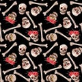 Watercolor seamless background with skulls and bones on the black back Royalty Free Stock Photo