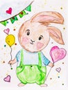 Aquarelle watercolor painting of cute bunny painting on canvas with love hearts, splatters and balloon in hand