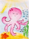 Aquarelle watercolor painting of cute octopus in a deep sea with sun rays in water painting on canvas