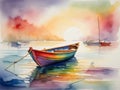 An aquarelle wooden boat floating on the waters of a fog-covered lake early morning. Ideal for nature, serenity, and fishing