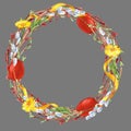 Aquarelle Wreath with trees twigs, Easter Eggs and Coltsfoot flowers