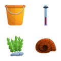 Aquaristic element icons set cartoon vector. Aquarium decoration and equipment