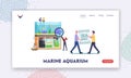 Aquaristics Hobby Landing Page Template. Tiny Characters near Huge Aquarium with Decor for Fish Seaweeds and Corals