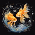 Aquarium abstract composition with golden fish and water splashes. Underwater animals, decorative goldfish flying