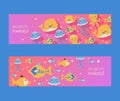 Aquarium banners with fish, jellyfish, octopus and whale. Vector illustration in flat cartoon style. Invitation to event Royalty Free Stock Photo