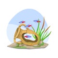 Aquarium with broken amphora and fishes. Flat vector