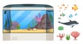 Aquarium. Cartoon fish, seaweed or water plants. Empty glass cube for sea animals, underwater vector set