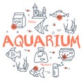 Aquarium circular vector banner. Linear fish care equipment icons