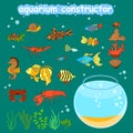 Aquarium constructor. Fishbowl different fishes and decorations for making your aquarium