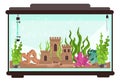 Aquarium element. Fish tank with seaweeds and castle. Empty fishbowl. Glass square container. Undersea plants. Sea algae Royalty Free Stock Photo