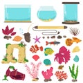 Aquarium elements. Interior decor, glass water containers for color little fishes, home hobby elements, underwater