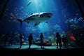 Aquarium enchantment, observers admire fish silhouettes, notably the Whale Shark