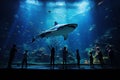 Aquarium enchantment, observers admire fish silhouettes, notably the Whale Shark