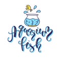 Aquarium fish blue calligraphy with doodle yellow fish - vector illustration isolated on white background Royalty Free Stock Photo