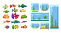 Aquarium fish and Glass Aquarium collection isolated on white background. Cute cartoon vector illustration set. Royalty Free Stock Photo
