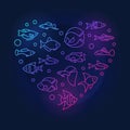 Aquarium fish in heart shape vector colored line illustration