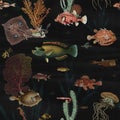 aquarium Fish pattern Wallpaper black Vintage Painting