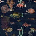 aquarium Fish pattern Wallpaper dark blue Vintage Painting