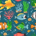 Aquarium fish seamless pattern. Colorful underwater creatures. Swimming animals. Marine tropical fauna. Nautical