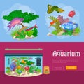 Aquarium fish, seaweed underwater, banner template layout with marine animal Royalty Free Stock Photo