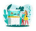 Aquarium fish set, home oceanarium, vector illustration. Mother, child watch floating sea animals. Happy boy admire